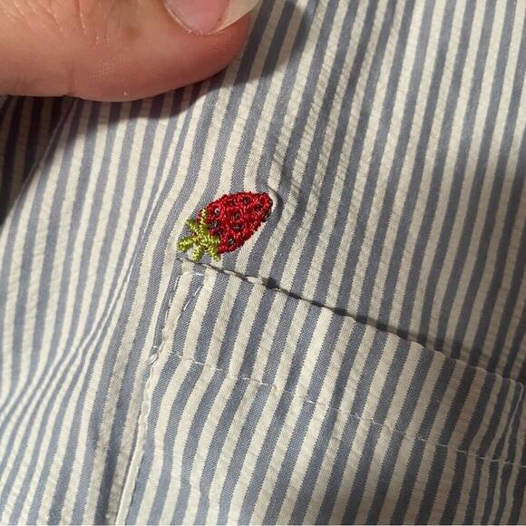 Blue and White Striped Button-Up Pajama Shirt with Strawberries size Large - Picture 3 of 6